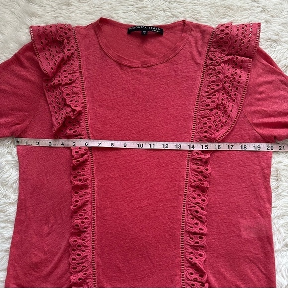 Veronica Beard Top Prema Eyelet Ruffle Crewneck Tee Linen Short Sleeve S - Picture 10 of 11